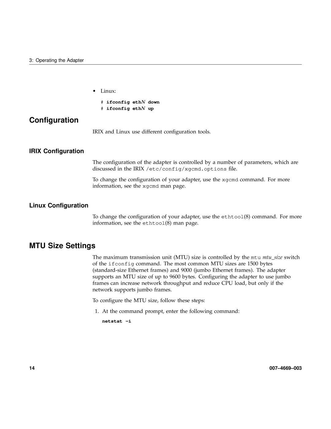 Silicon Power Computer & comm 74669003 manual MTU Size Settings, Irix Conﬁguration, Linux Conﬁguration 