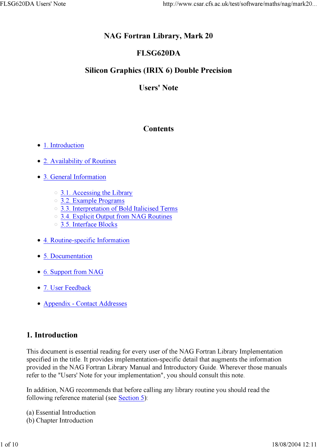 Silicon Power Computer & comm FLSG620DA appendix NAG Fortran Library, Mark, Introduction 