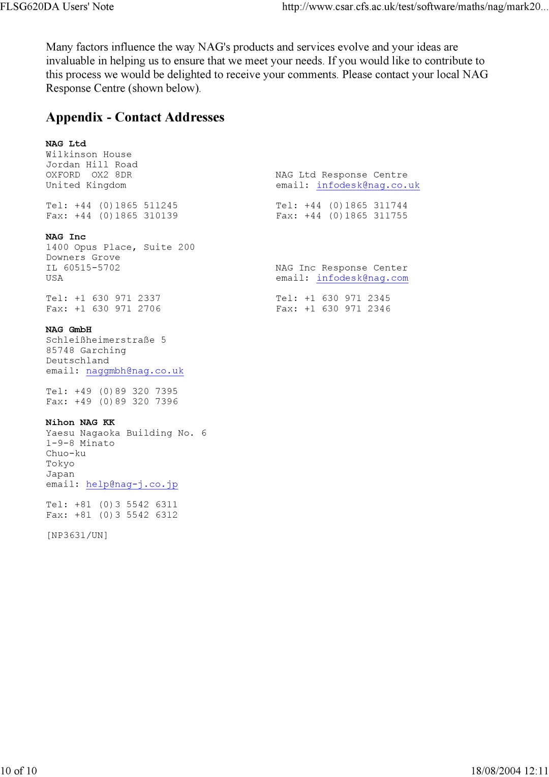 Silicon Power Computer & comm FLSG620DA appendix Appendix Contact Addresses, NAG Inc 