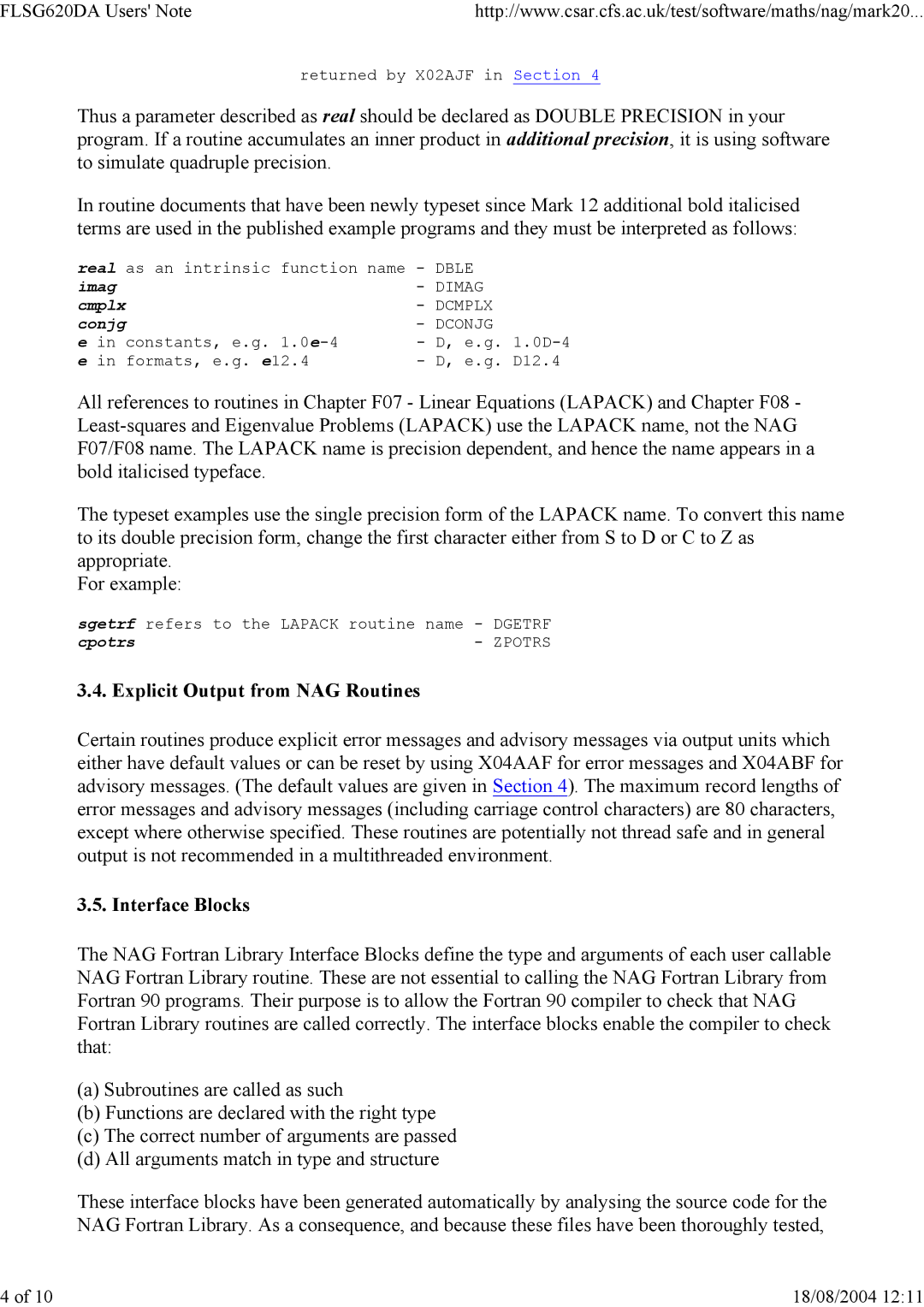 Silicon Power Computer & comm FLSG620DA appendix Explicit Output from NAG Routines, Interface Blocks 