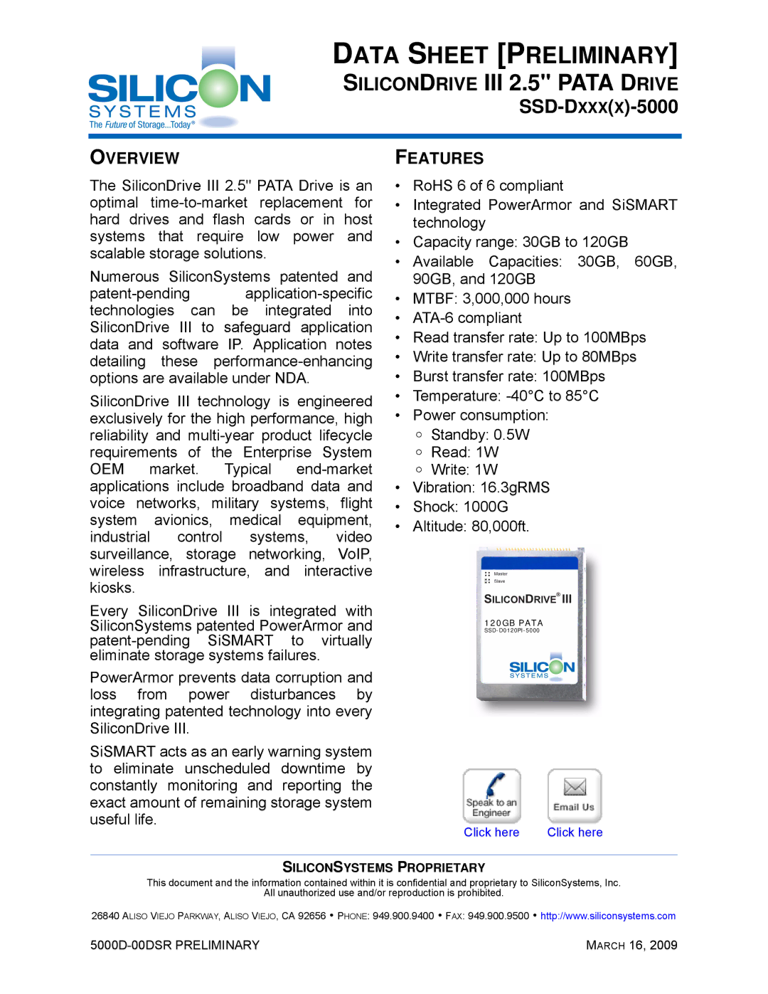 Silicon Valley Peripherals SSD-D0120PI-5000 manual Overview, Features 