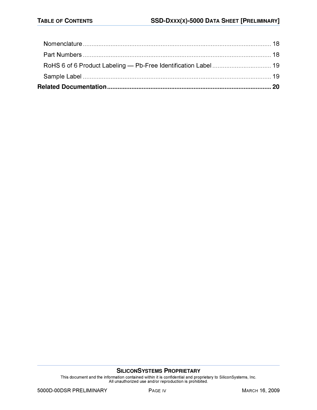 Silicon Valley Peripherals SSD-D0120PI-5000 manual Table of Contents SSD-DXXXX-5000 Data Sheet Preliminary 