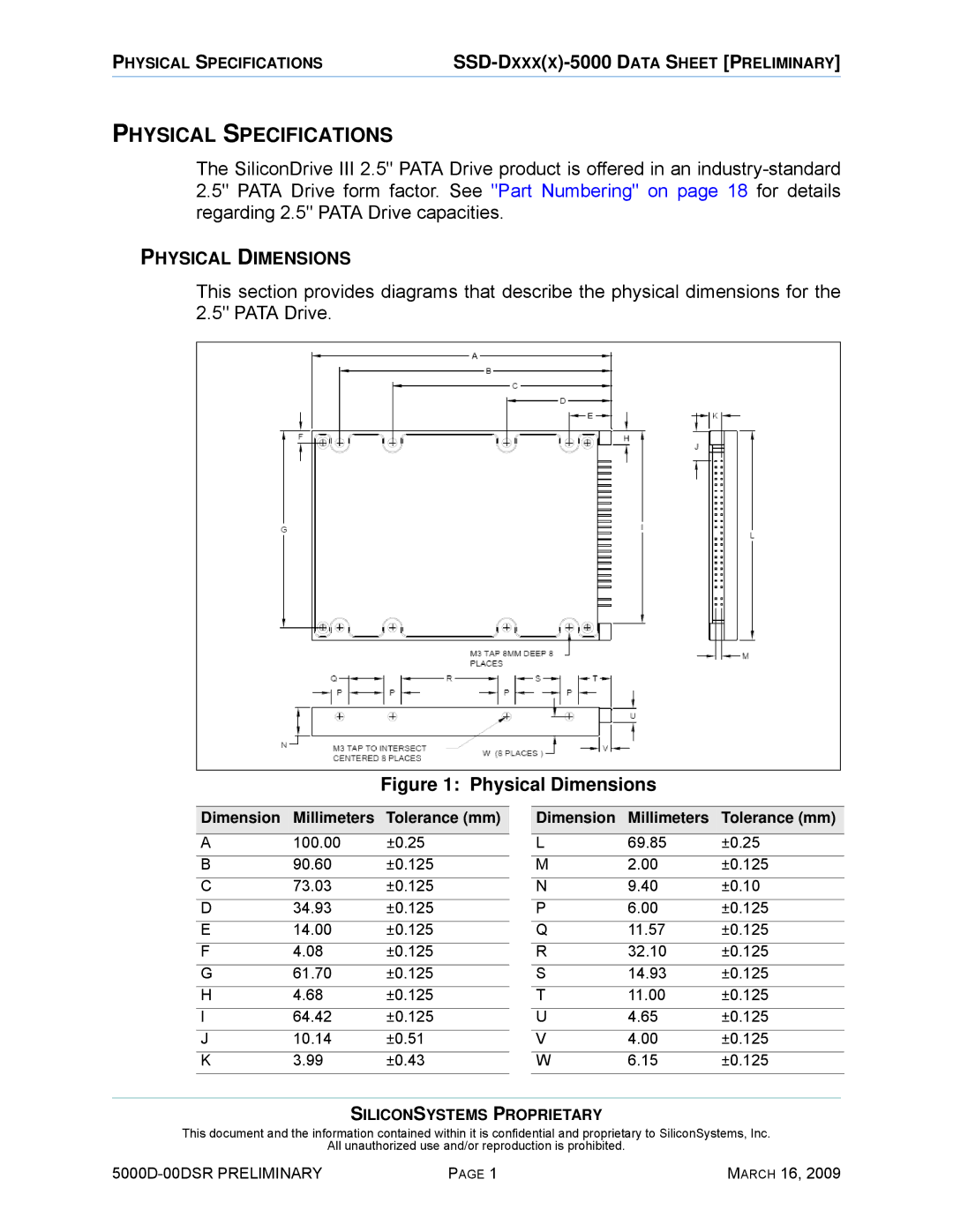 Silicon Valley Peripherals SSD-D0120PI-5000 manual Physical Specifications 