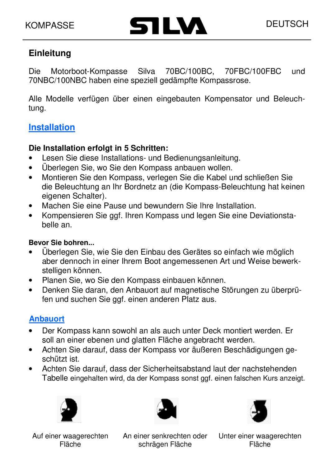 Silva 70NBC, 70BC, 70FBC, 100FBC, 100NBC, 100B manual Installation, Anbauort 
