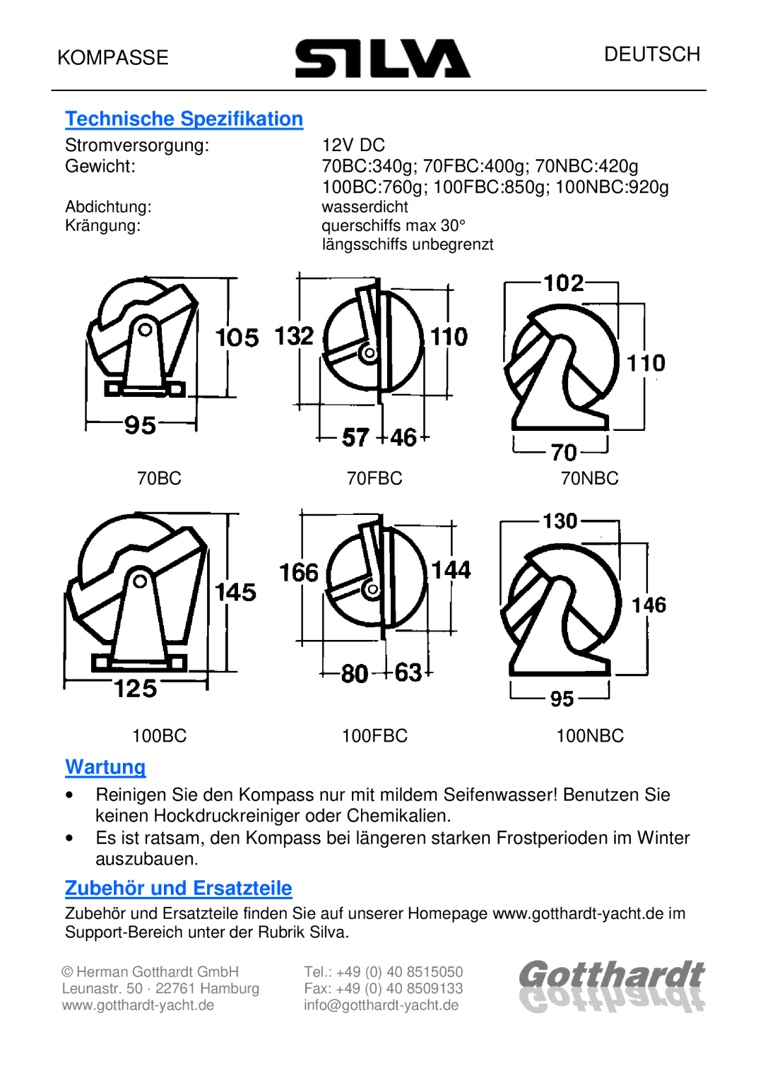 Silva 100B, 70BC, 70FBC, 70NBC, 100FBC, 100NBC manual Technische Spezifikation, Wartung, Zubehör und Ersatzteile 