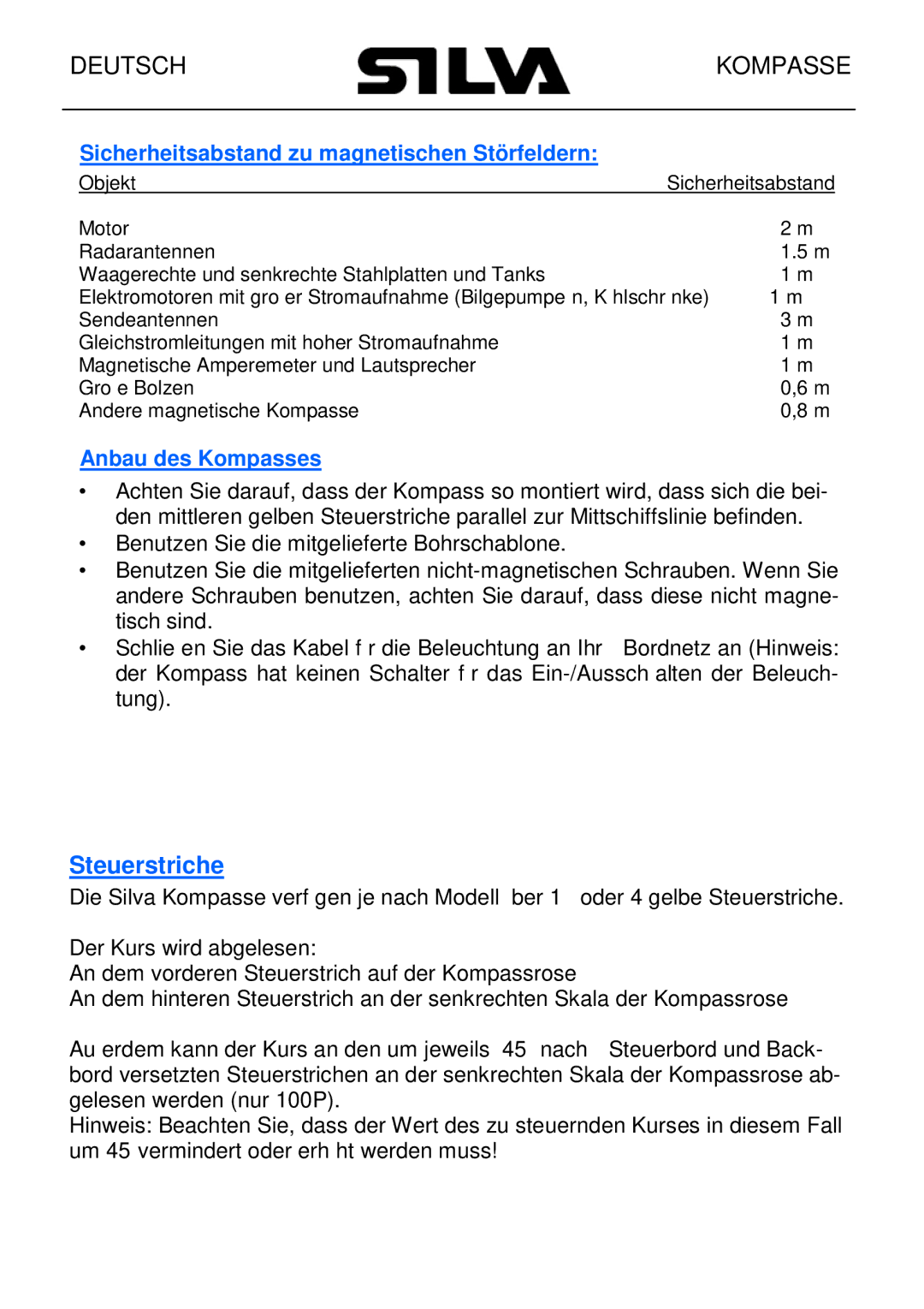 Silva 100p, 70p manual Steuerstriche, Sicherheitsabstand zu magnetischen Störfeldern, Anbau des Kompasses 