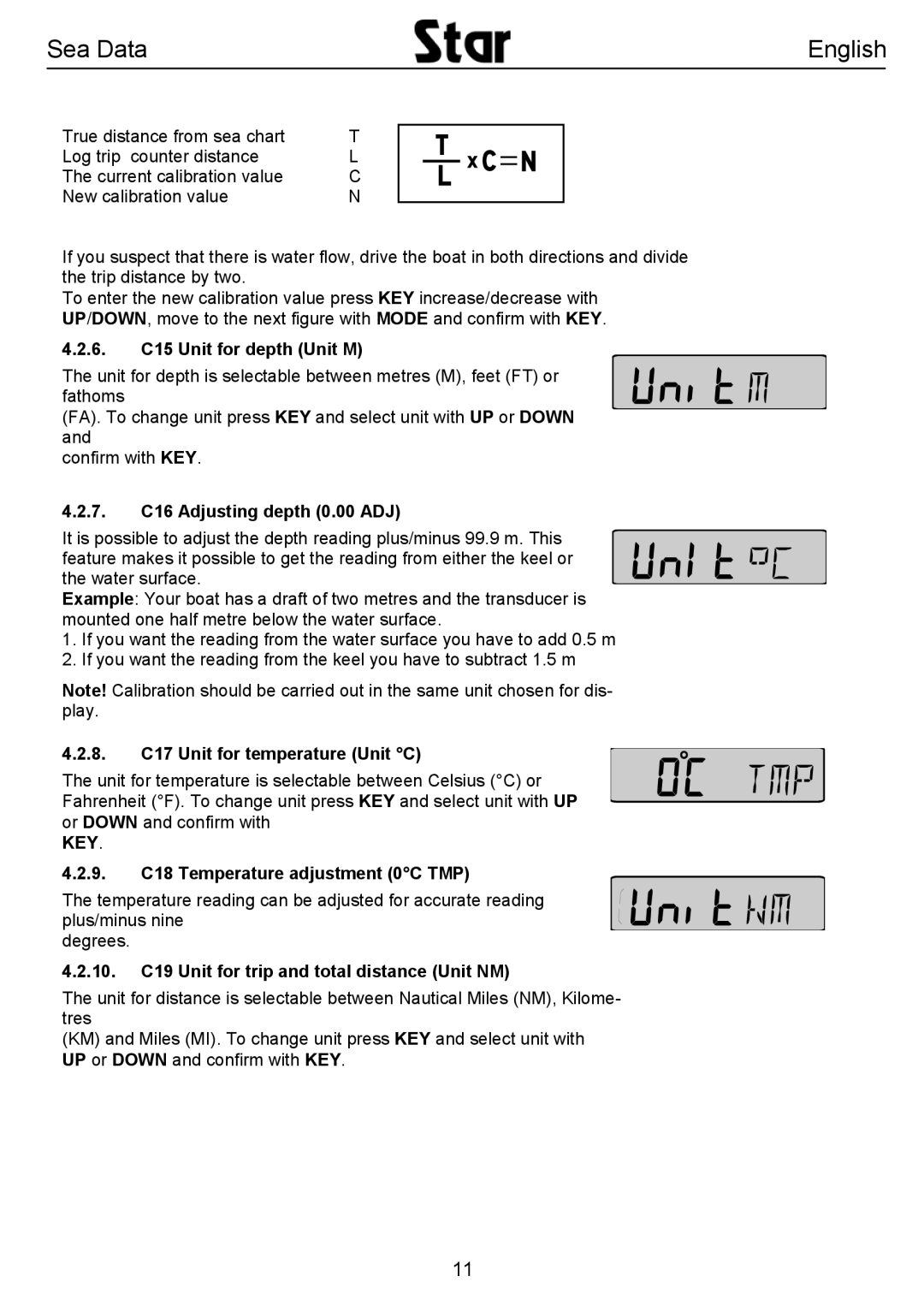 Silva SEA DATA 6. C15 Unit for depth Unit M, 7. C16 Adjusting depth 0.00 ADJ, 8. C17 Unit for temperature Unit C 