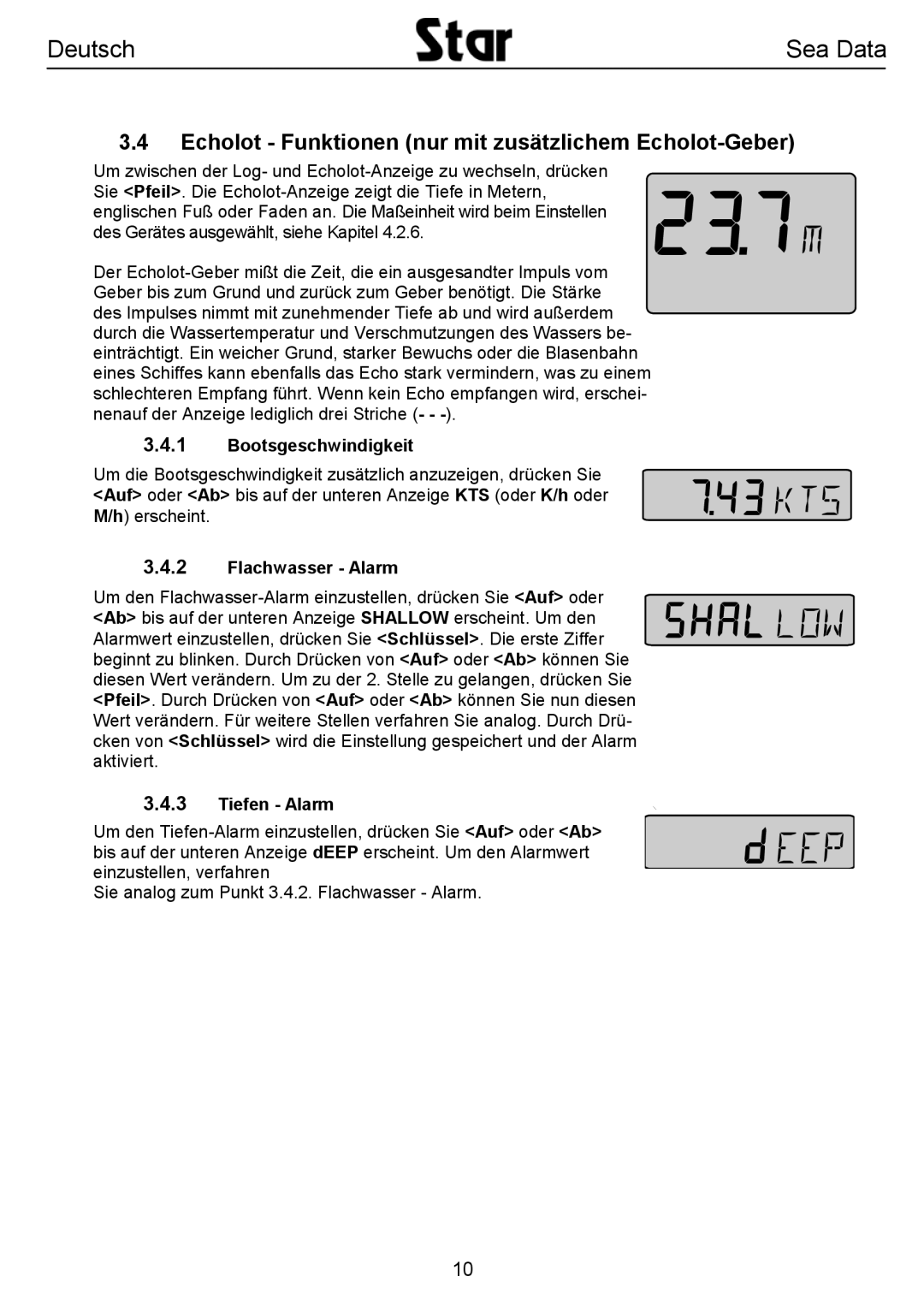 Silva SEA DATA manual Echolot Funktionen nur mit zusätzlichem Echolot-Geber, Flachwasser Alarm, Tiefen Alarm 