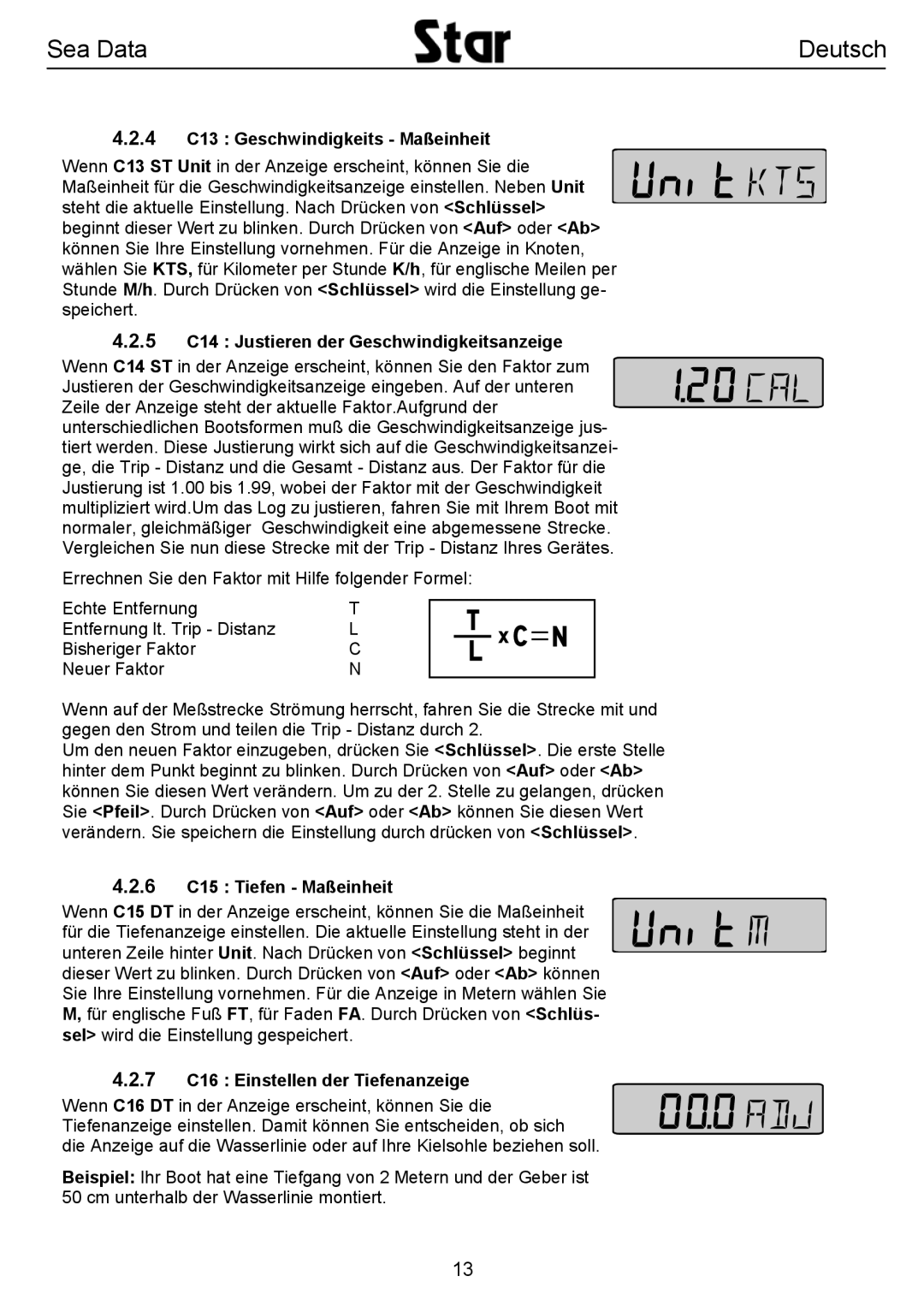 Silva SEA DATA 4 C13 Geschwindigkeits Maßeinheit, 5 C14 Justieren der Geschwindigkeitsanzeige, 6 C15 Tiefen Maßeinheit 