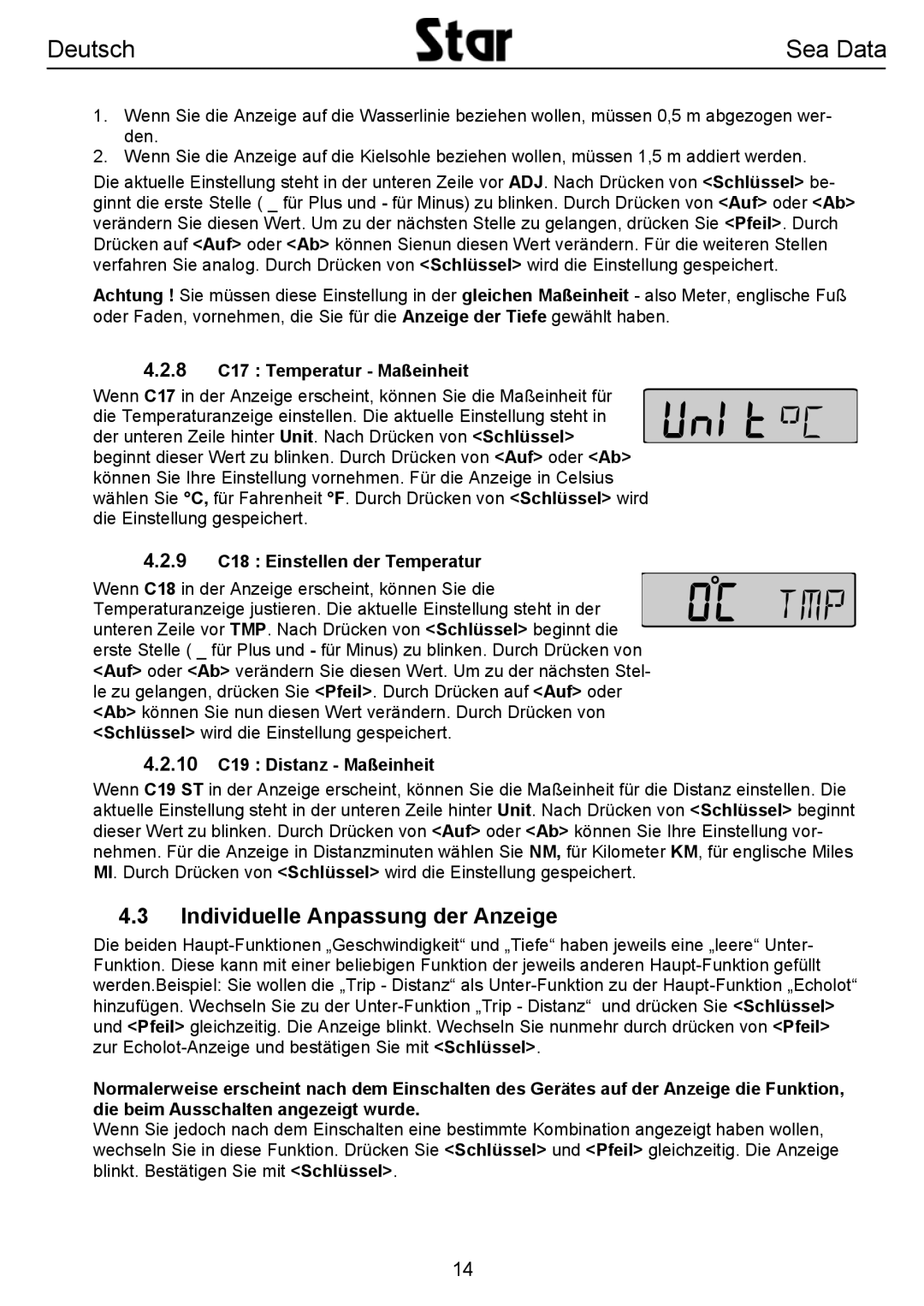 Silva SEA DATA manual Individuelle Anpassung der Anzeige, 8 C17 Temperatur Maßeinheit, 9 C18 Einstellen der Temperatur 