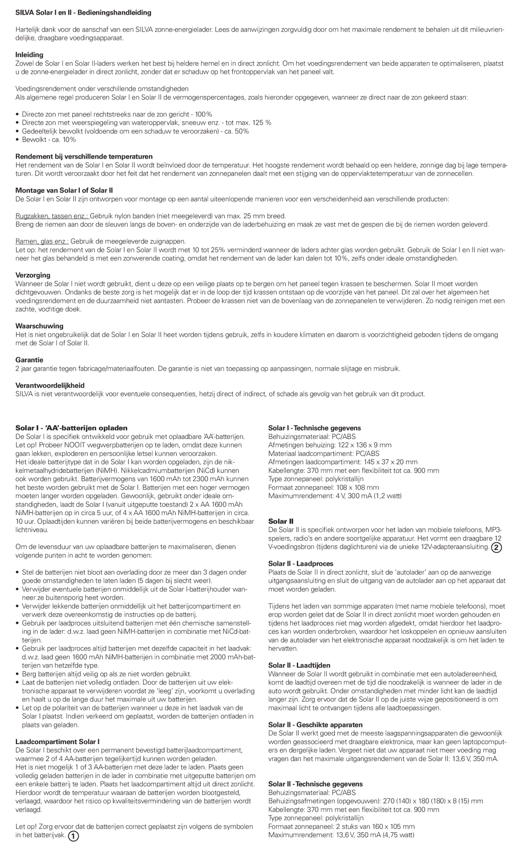 Silva Solar II Silva Solar I en II Bedieningshandleiding, Inleiding, Rendement bij verschillende temperaturen, Verzorging 