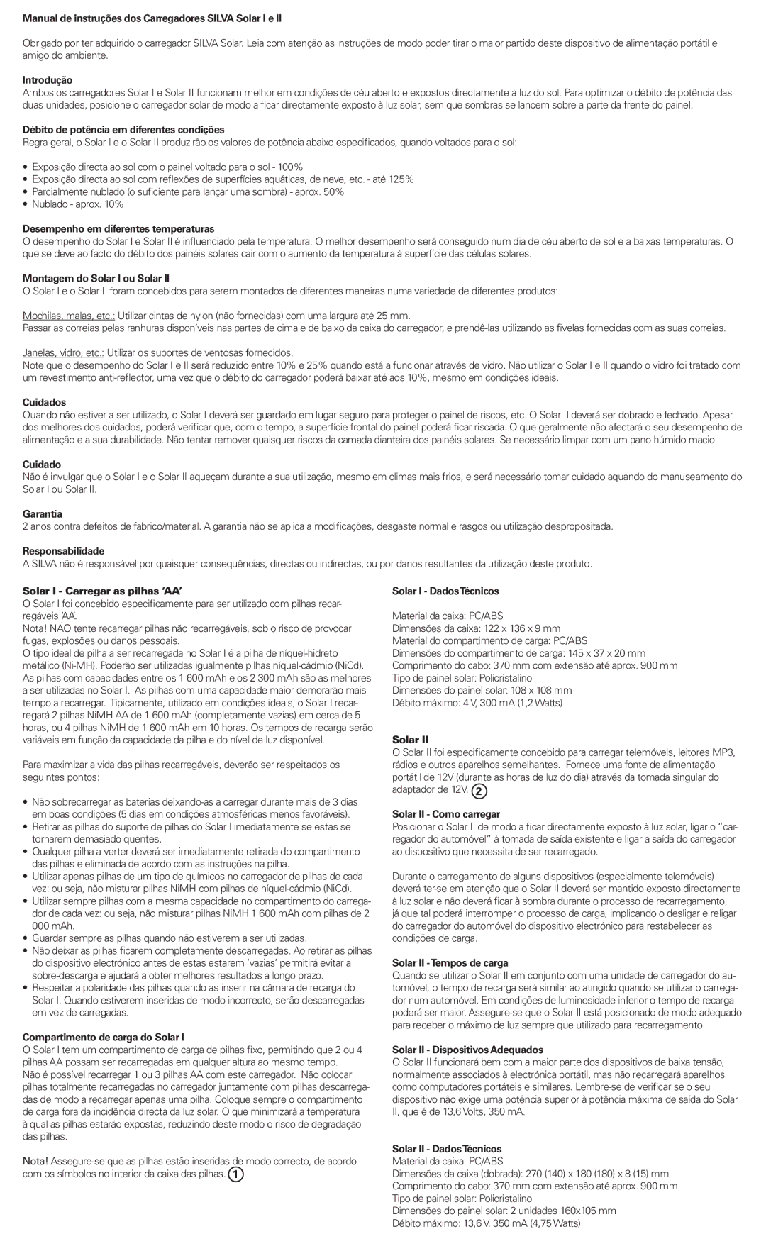Silva Manual de instruções dos Carregadores Silva Solar I e, Introdução, Débito de potência em diferentes condições 