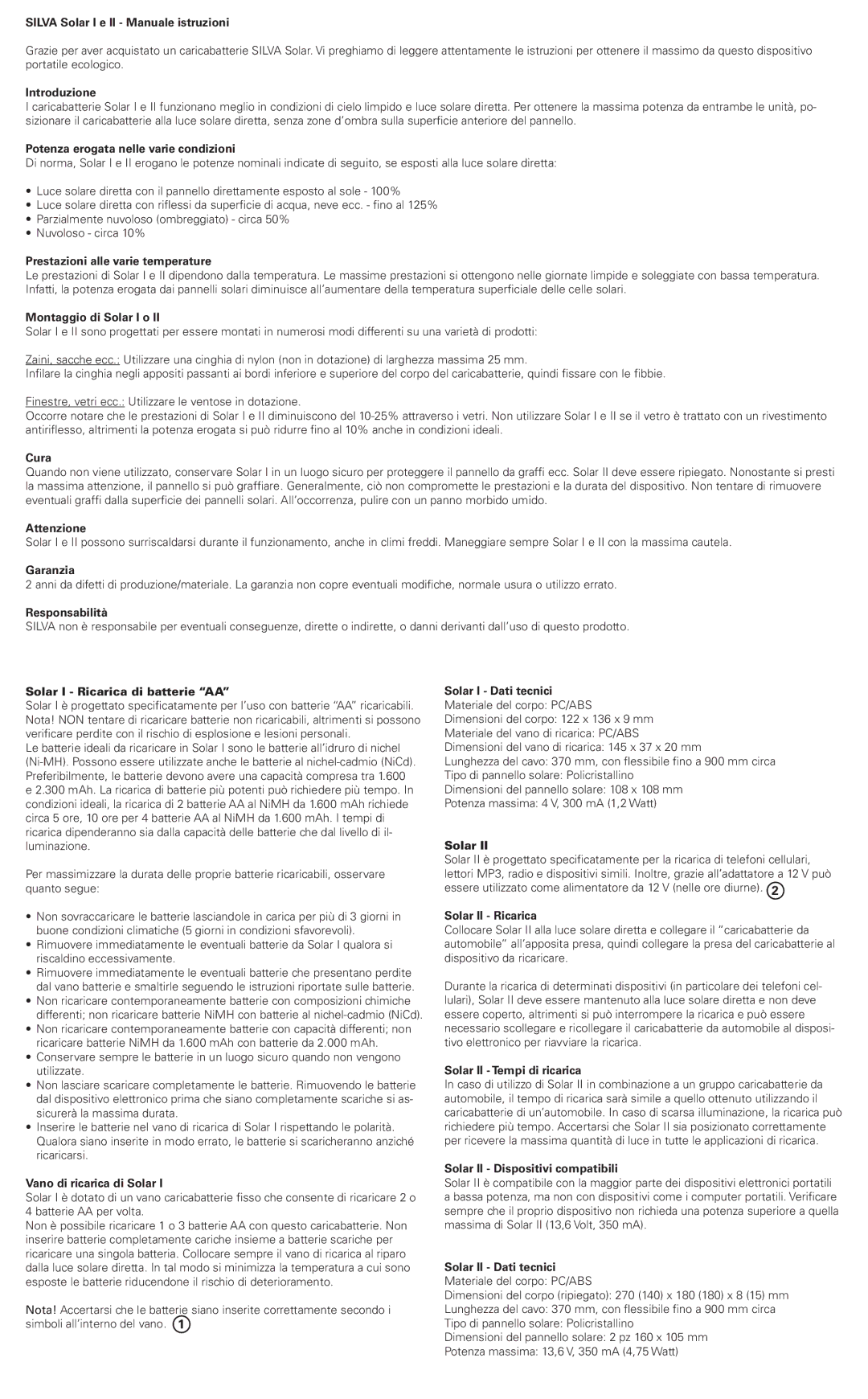 Silva Solar II Silva Solar I e II Manuale istruzioni, Introduzione, Potenza erogata nelle varie condizioni, Cura, Garanzia 