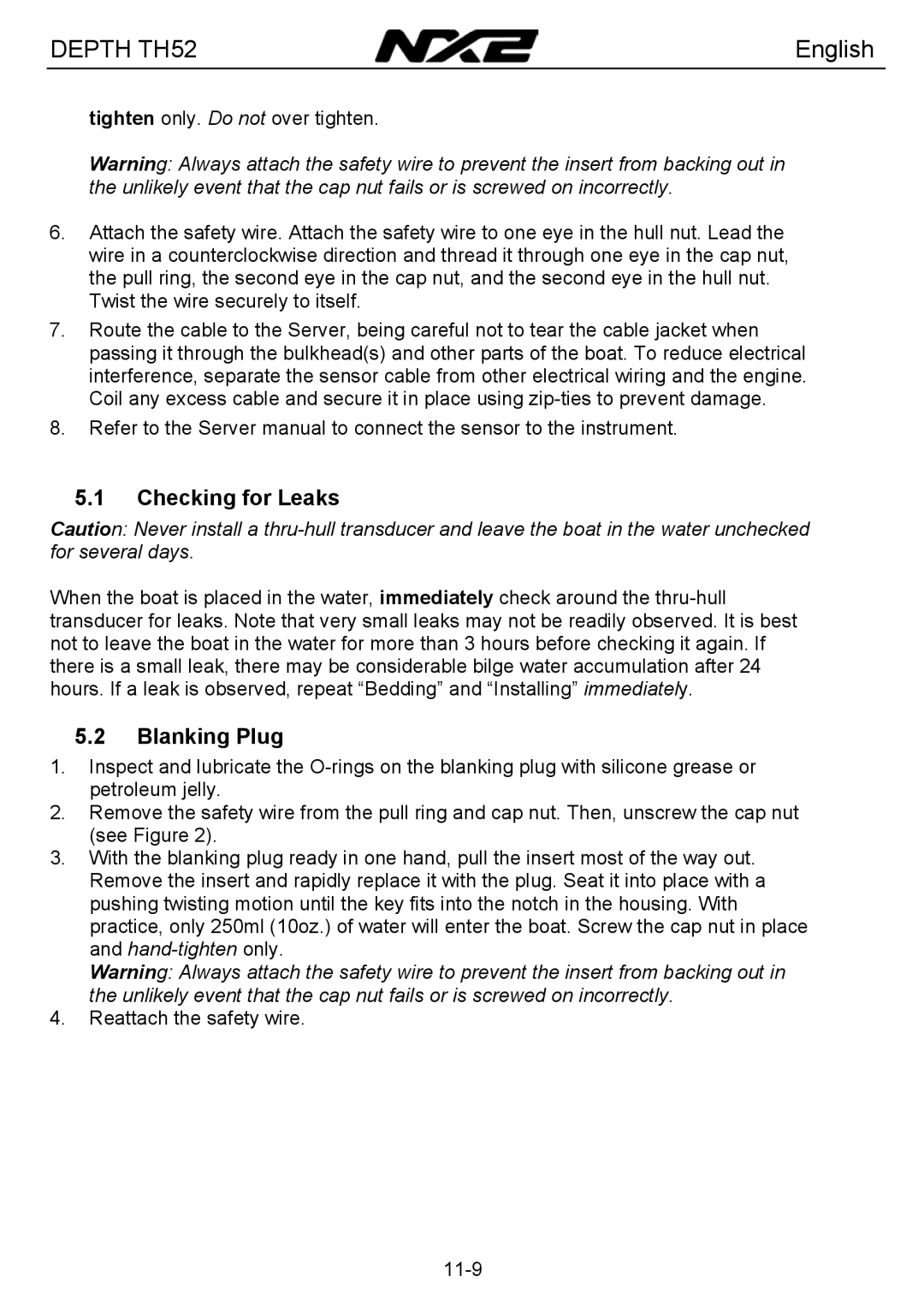 Silva TH52 installation manual Checking for Leaks, Blanking Plug 