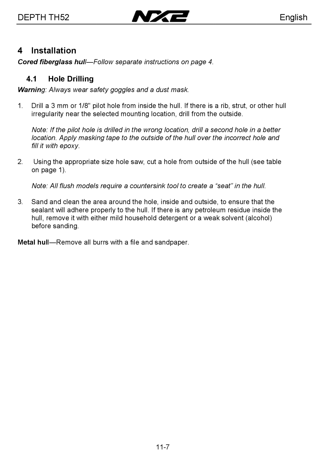 Silva TH52 installation manual Installation, Hole Drilling 