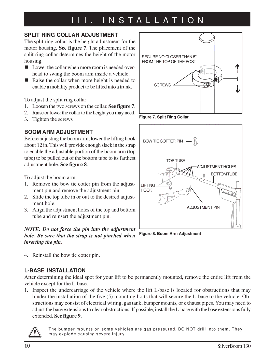 Silver Star 130 manual Split Ring Collar Adjustment, Boom ARM Adjustment, Base Installation 