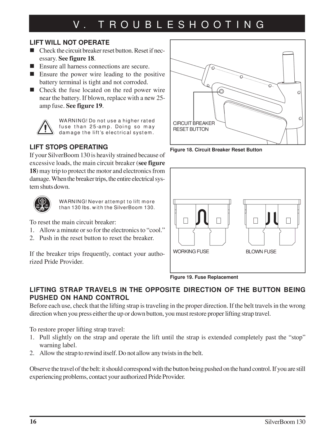 Silver Star 130 manual Troubleshooting, Lift will not Operate, Lift Stops Operating 