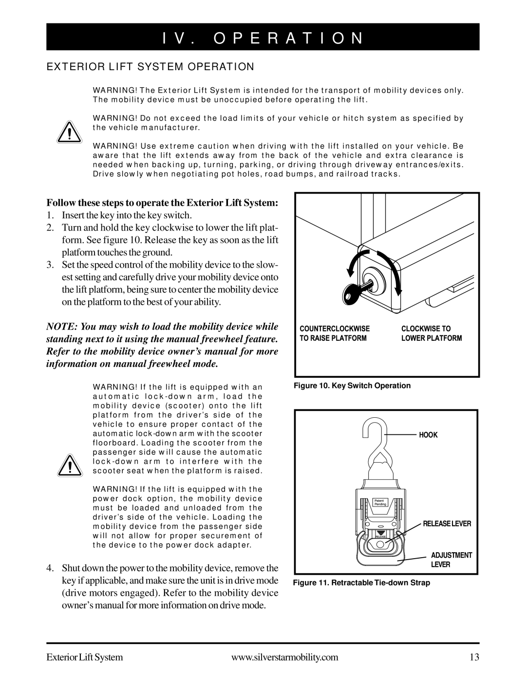 Silver Star INFMANU3270 manual O P E R a T I O N, Exterior Lift System Operation 