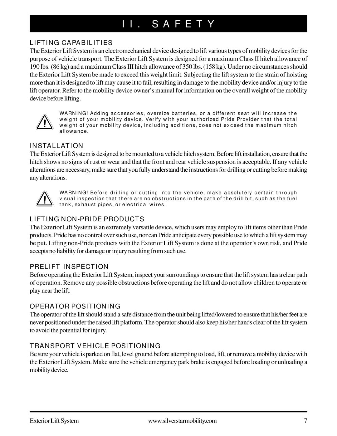 Silver Star INFMANU3270 manual Lifting Capabilities Installation, Lifting NON-PRIDE Products, Prelift Inspection 