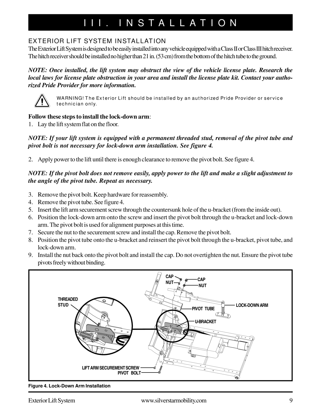 Silver Star INFMANU3270 manual I . Installation, Exterior Lift System Installation 