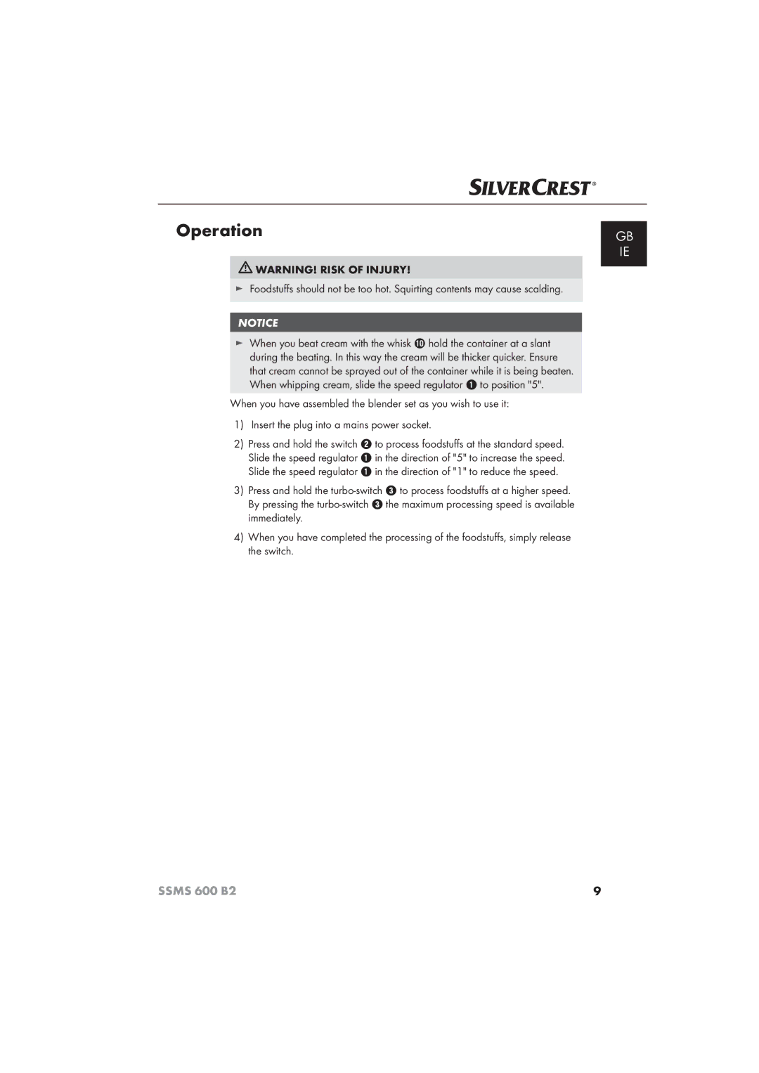 Silvercrest 600 B26 manual Operation 