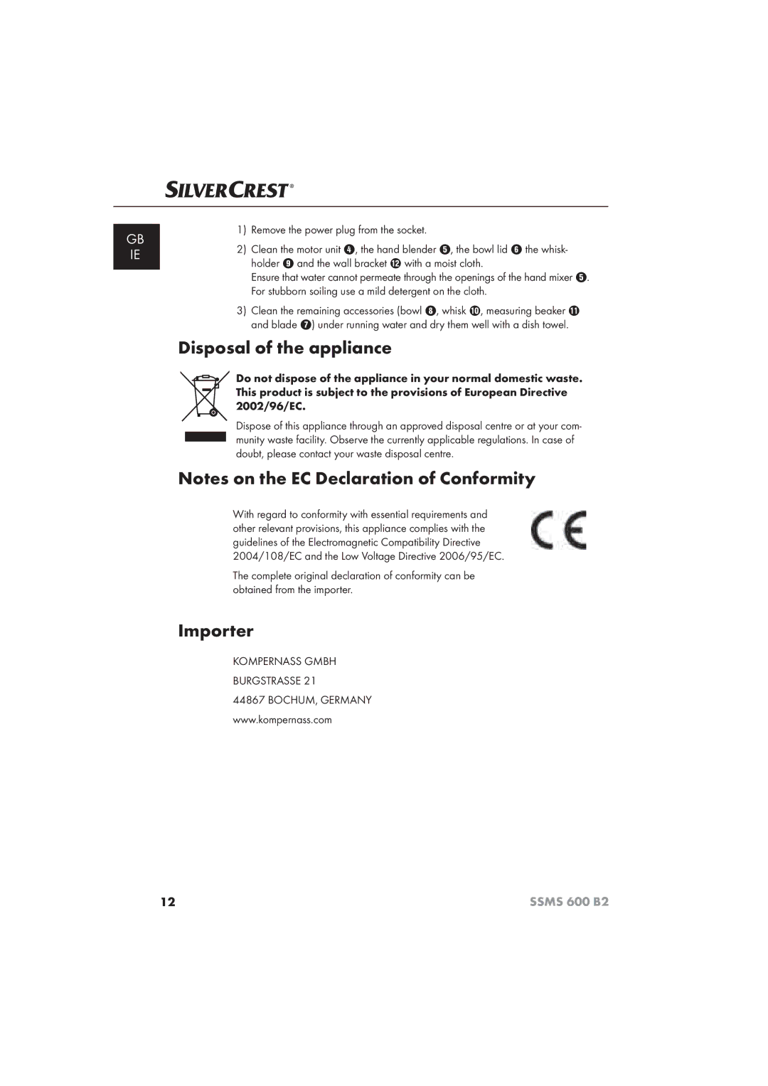 Silvercrest 600 B26 manual Disposal of the appliance, Importer 