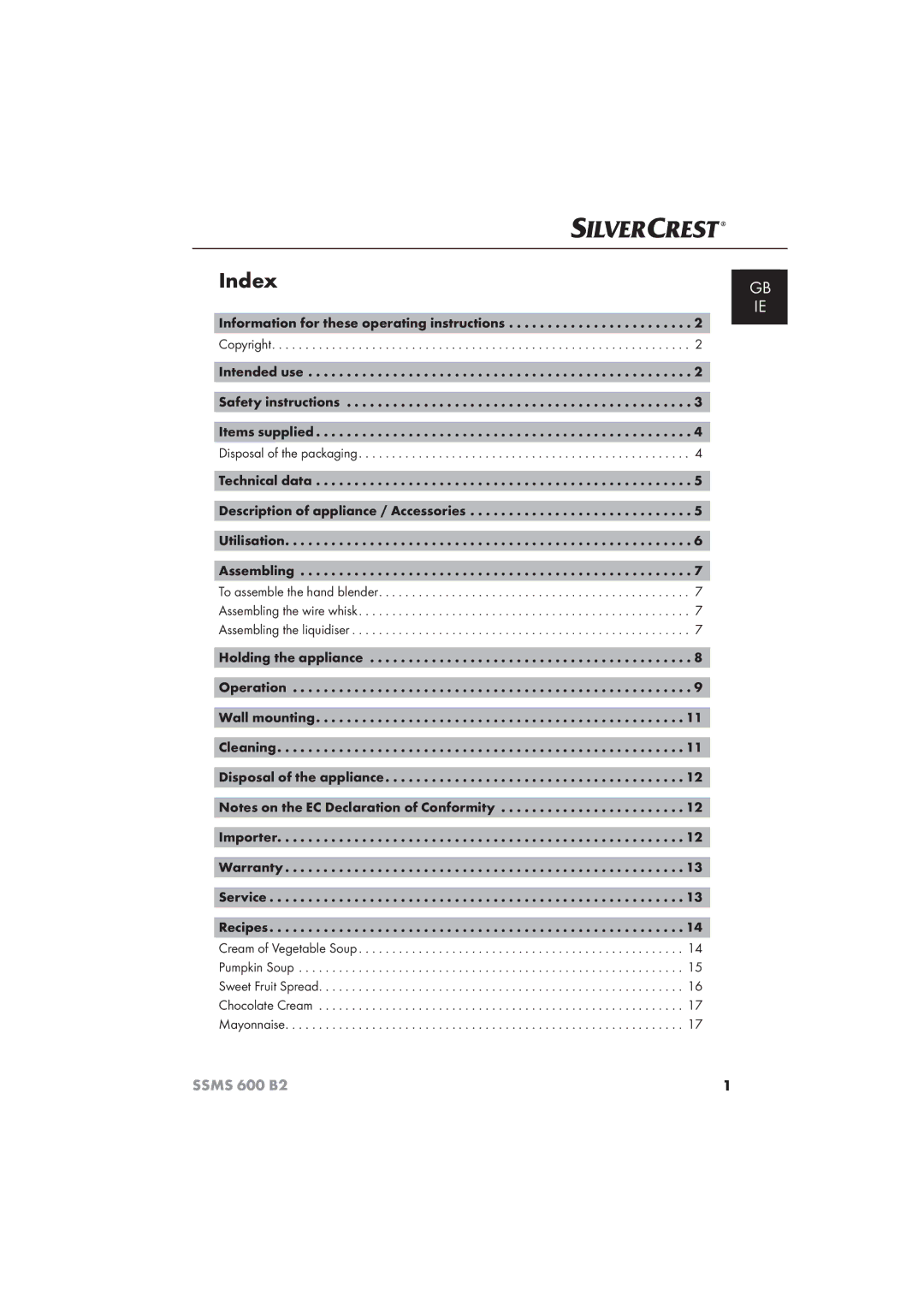 Silvercrest 600 B26 manual Index 