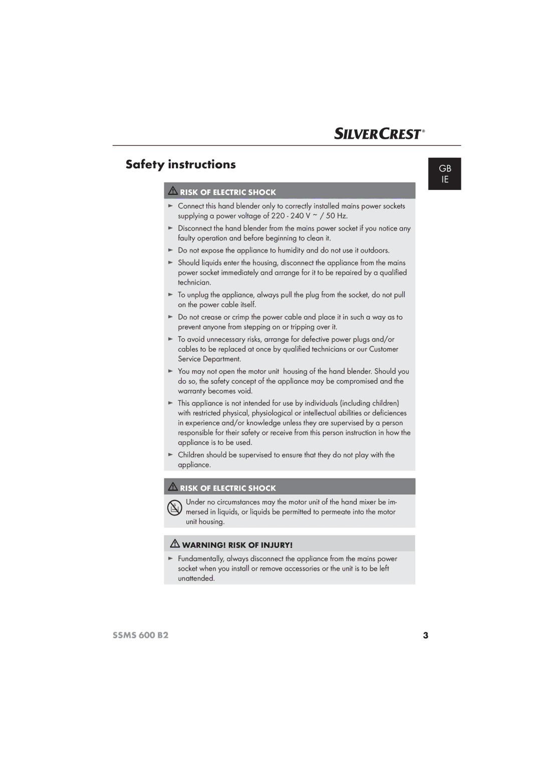 Silvercrest 600 B26 manual Safety instructions, Risk of Electric Shock 