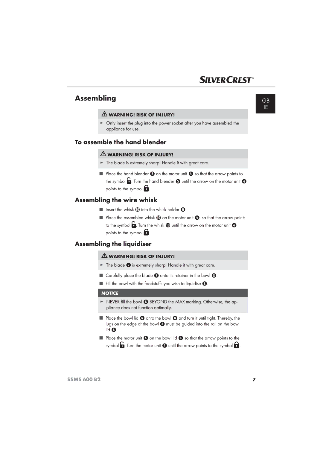 Silvercrest 600 B26 manual To assemble the hand blender, Assembling the wire whisk, Assembling the liquidiser 