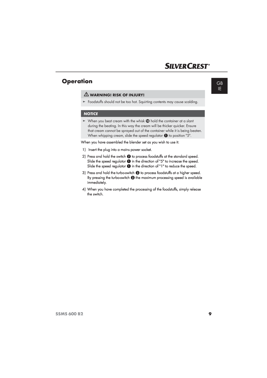 Silvercrest 600 B26 manual Operation, Gb Ie, SSMS 600 B2 