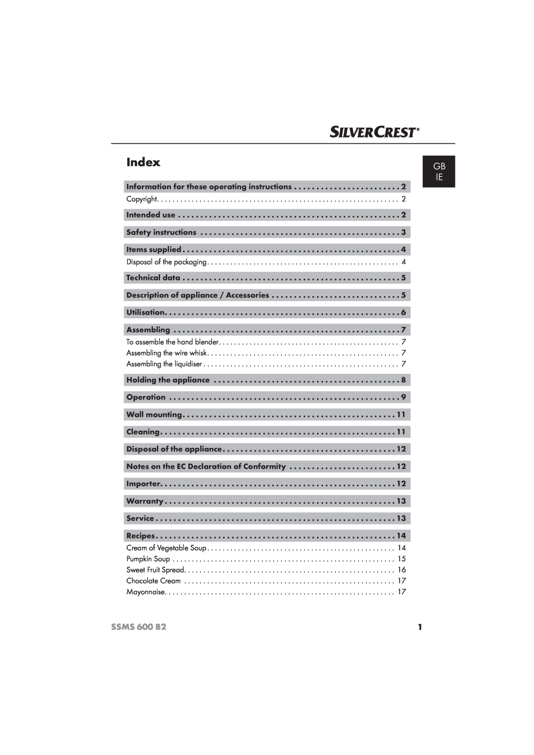 Silvercrest 600 B26 manual Index, Gb Ie, SSMS 600 B2 