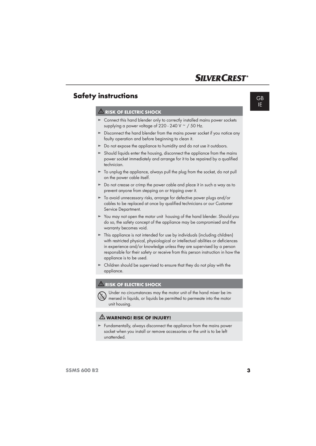 Silvercrest 600 B26 manual Safety instructions, Gb Ie, SSMS 600 B2, Risk Of Electric Shock 