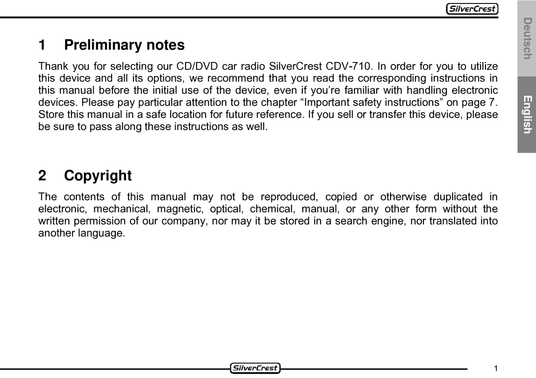 Silvercrest CDV-710 important safety instructions Preliminary notes, Copyright 