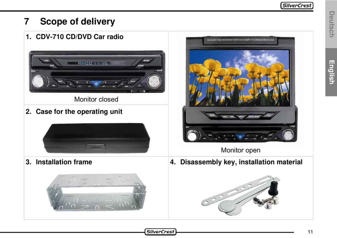 Silvercrest important safety instructions Scope of delivery, CDV-710 CD/DVD Car radio 