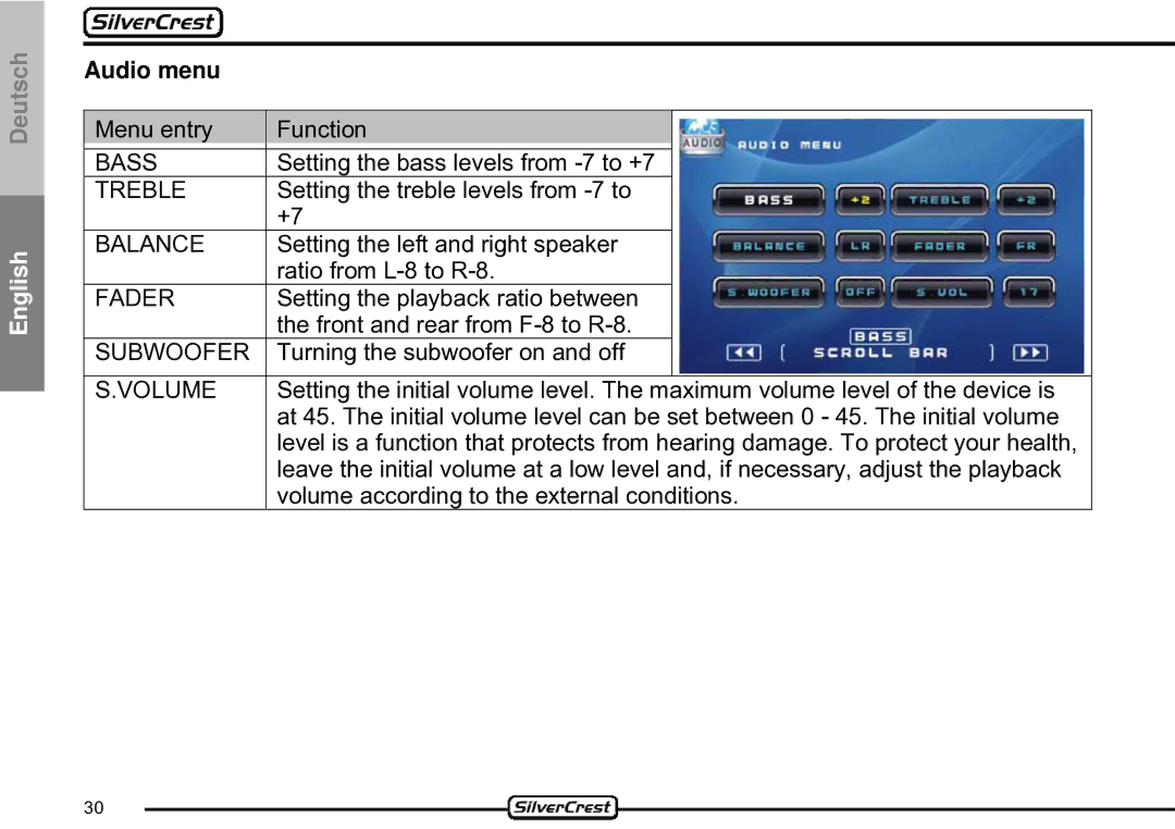 Silvercrest CDV-710 important safety instructions Audio menu 