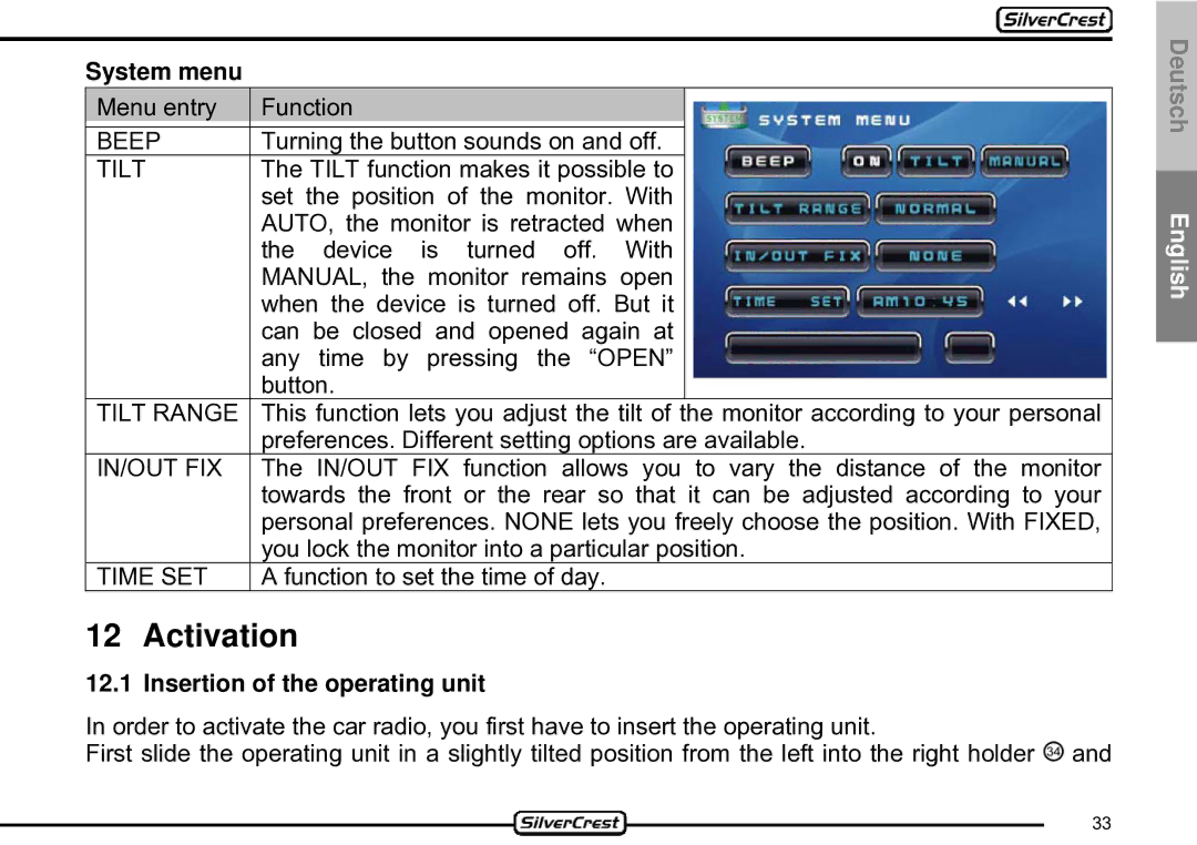 Silvercrest CDV-710 important safety instructions Activation, System menu, Insertion of the operating unit 