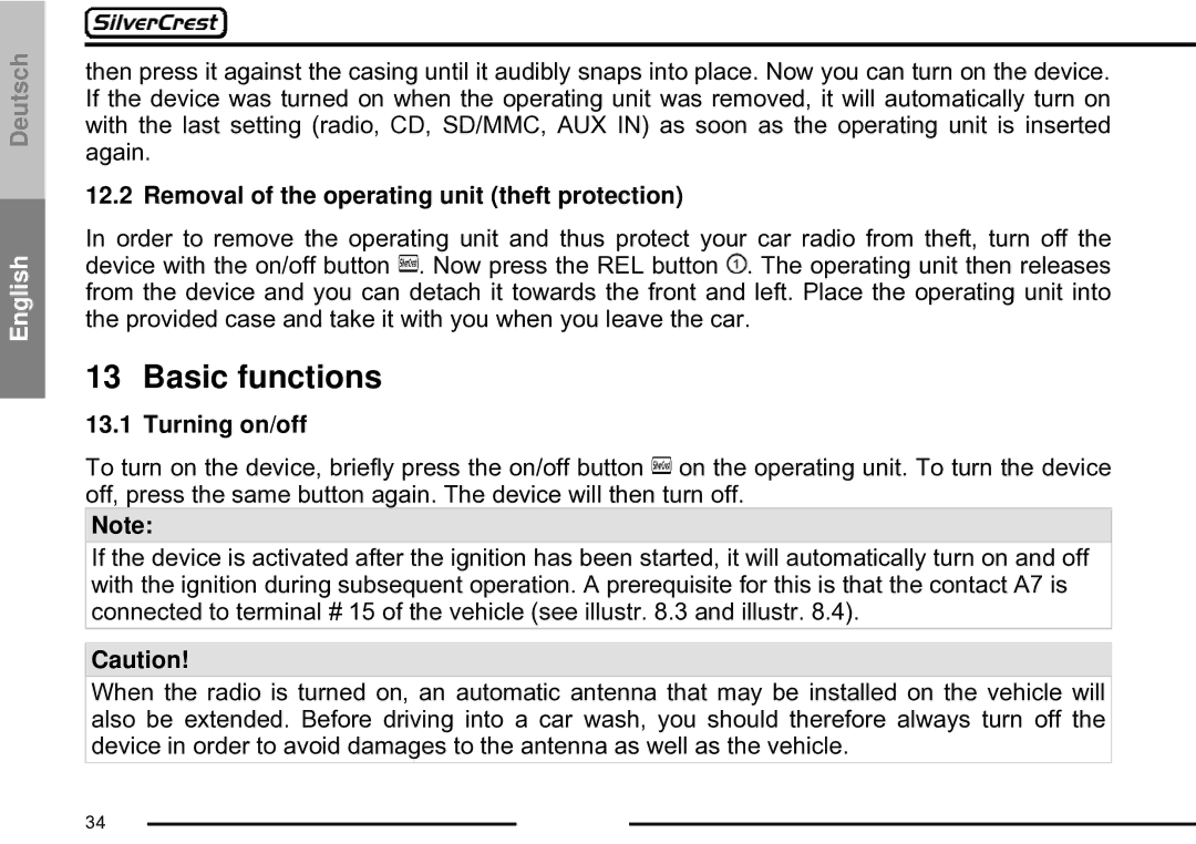 Silvercrest CDV-710 Basic functions, Removal of the operating unit theft protection, Turning on/off 