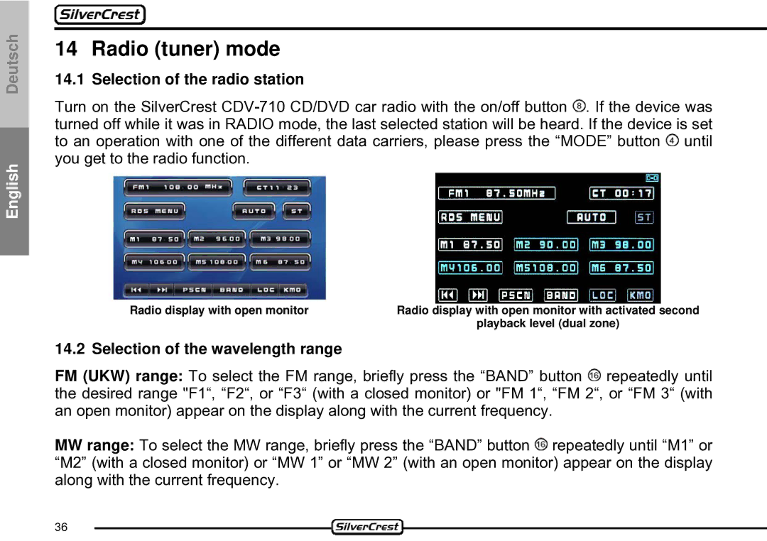 Silvercrest CDV-710 Radio tuner mode, Selection of the radio station, Selection of the wavelength range 