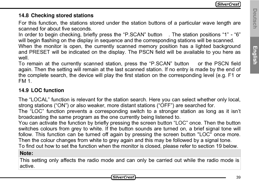 Silvercrest CDV-710 important safety instructions Checking stored stations, LOC function 