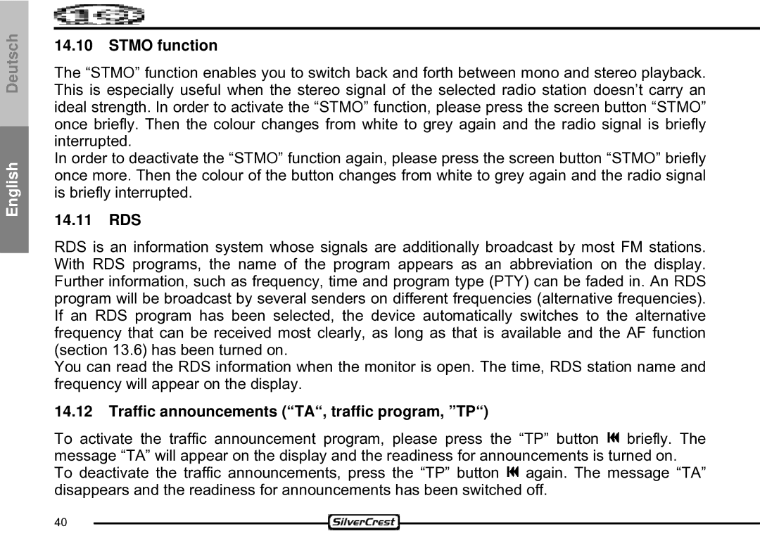 Silvercrest CDV-710 important safety instructions Stmo function, 14.11 RDS, Traffic announcements TA, traffic program, TP 