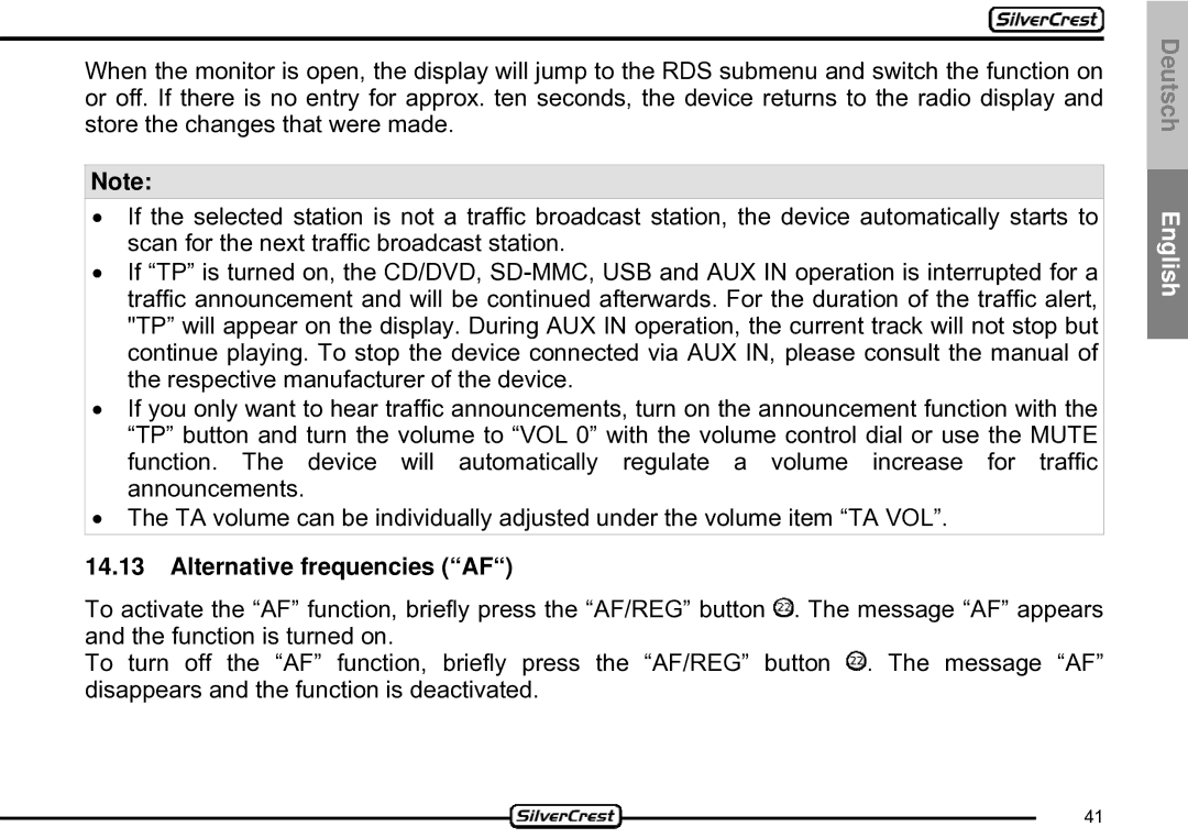 Silvercrest CDV-710 important safety instructions Alternative frequencies AF 