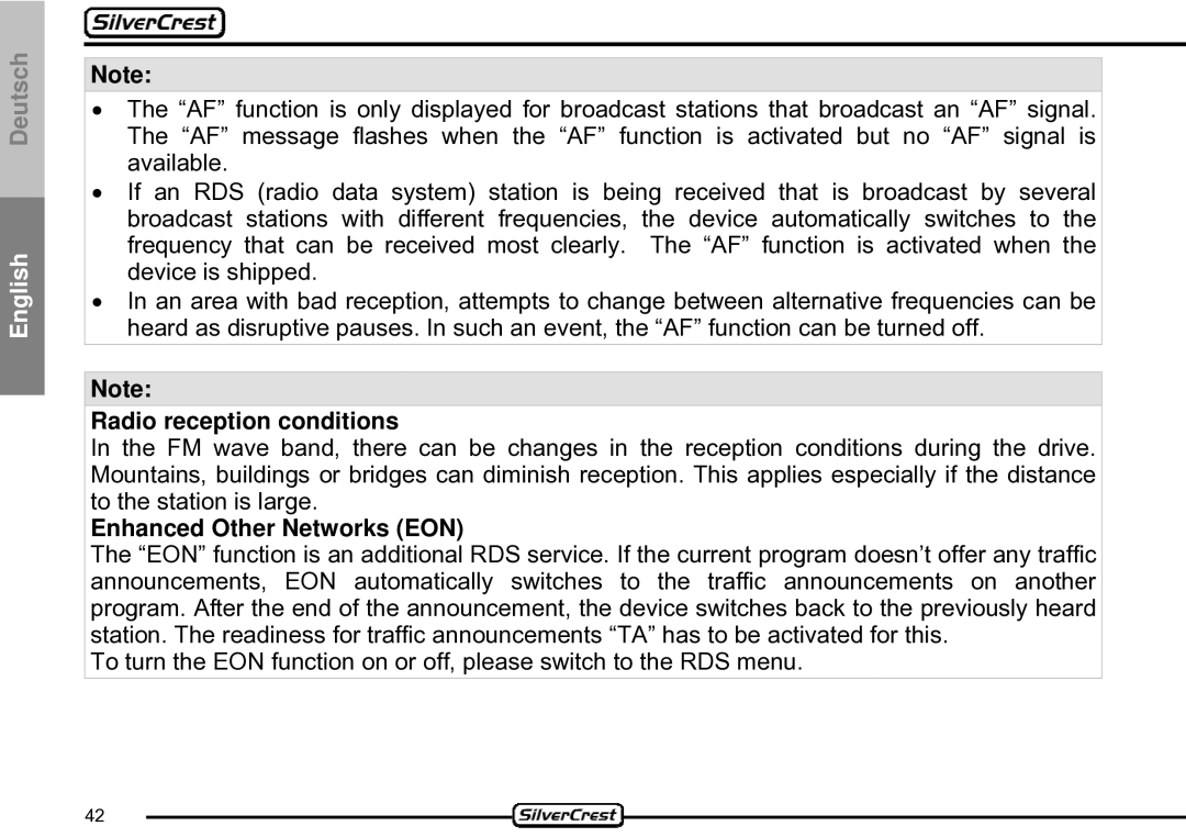 Silvercrest CDV-710 important safety instructions Radio reception conditions, Enhanced Other Networks EON 