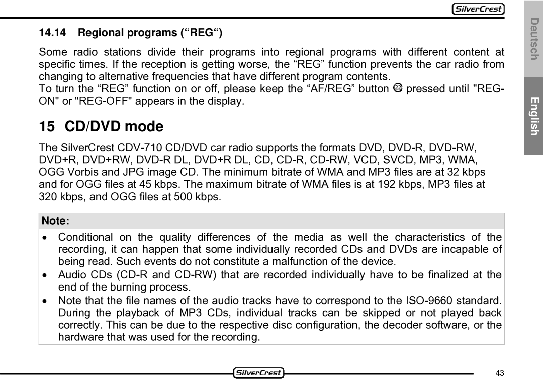 Silvercrest CDV-710 important safety instructions 15 CD/DVD mode, Regional programs REG 