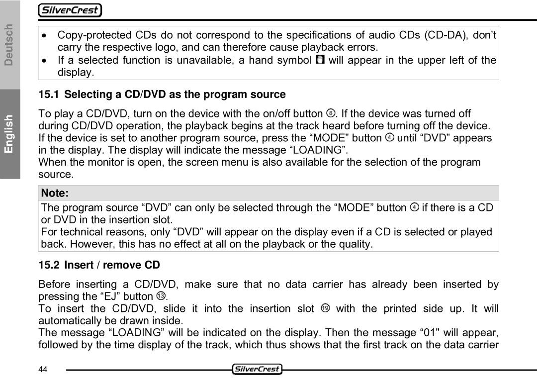 Silvercrest CDV-710 important safety instructions Selecting a CD/DVD as the program source, Insert / remove CD 