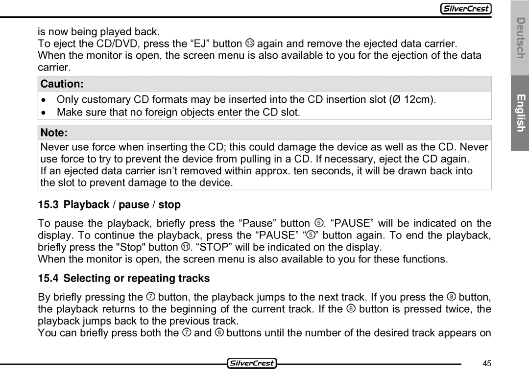 Silvercrest CDV-710 important safety instructions Playback / pause / stop, Selecting or repeating tracks 