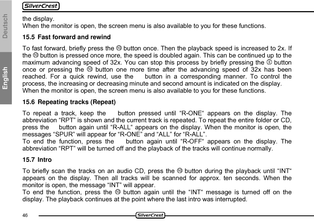 Silvercrest CDV-710 important safety instructions Fast forward and rewind, Repeating tracks Repeat, Intro 