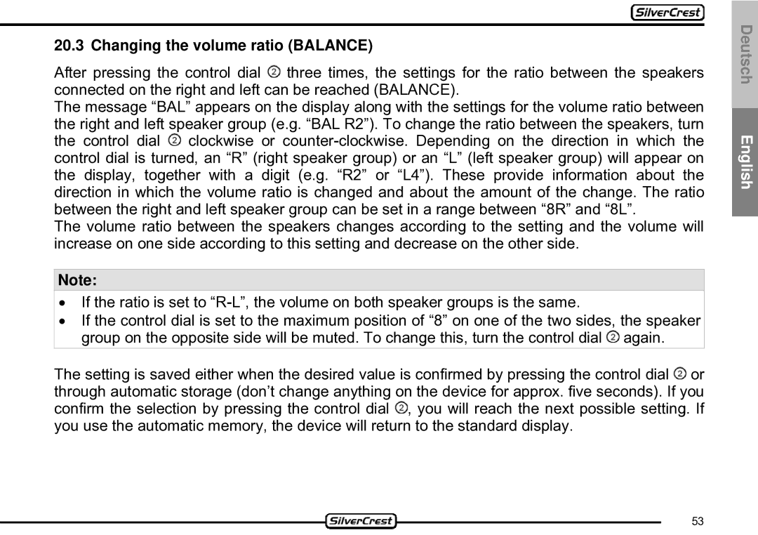 Silvercrest CDV-710 important safety instructions Changing the volume ratio Balance 