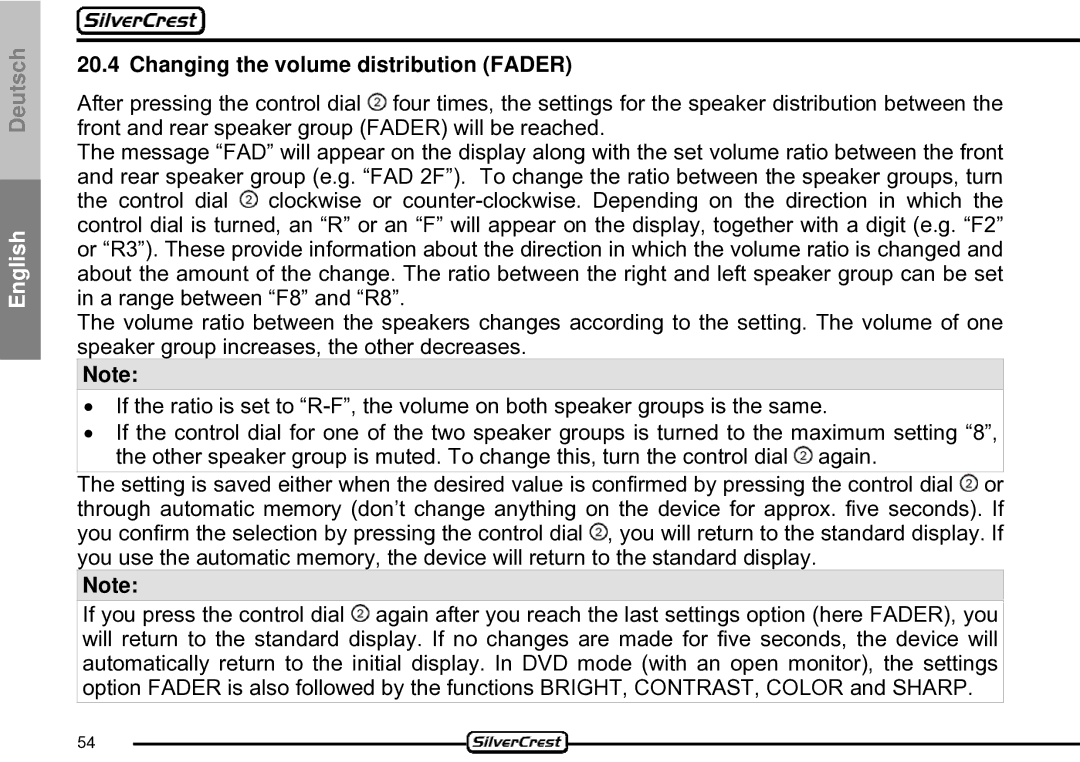 Silvercrest CDV-710 important safety instructions Changing the volume distribution Fader 