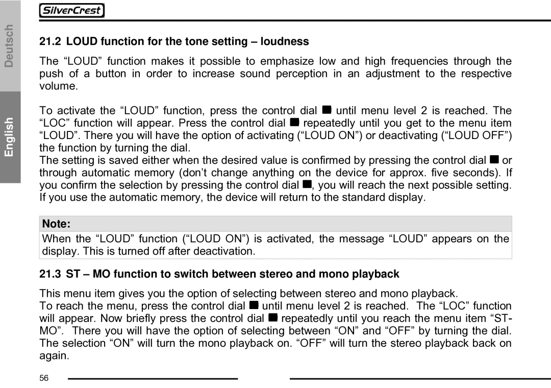 Silvercrest CDV-710 Loud function for the tone setting loudness, ST MO function to switch between stereo and mono playback 