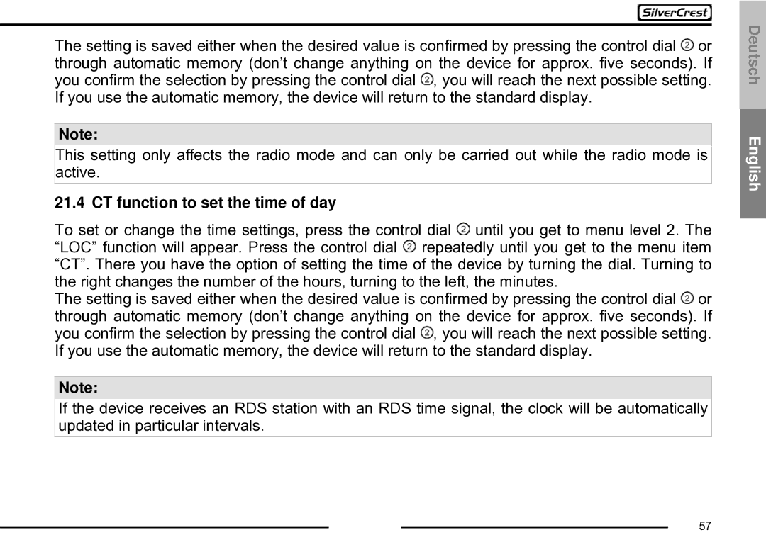 Silvercrest CDV-710 important safety instructions CT function to set the time of day 